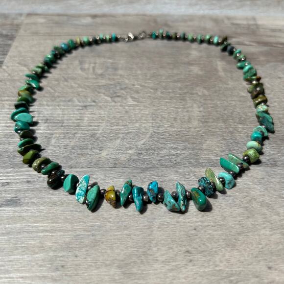 Sterling Silver Turquoise Nugget Bead Necklace 16” Southwest Vintage - Picture 1 of 8